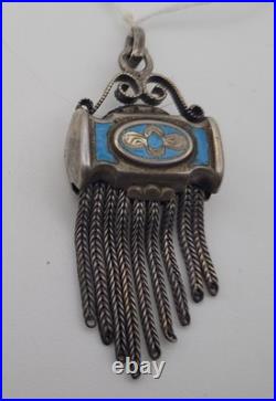 Breloque de Montre Gousset Argent Massif Émaillé Bleu Bijou Ancien Châtelaine H8