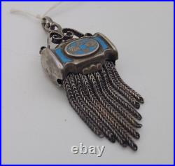 Breloque de Montre Gousset Argent Massif Émaillé Bleu Bijou Ancien Châtelaine H8