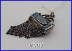 Breloque de Montre Gousset Argent Massif Émaillé Bleu Bijou Ancien Châtelaine H8