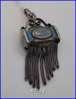 Breloque de Montre Gousset Argent Massif Émaillé Bleu Bijou Ancien Châtelaine H8