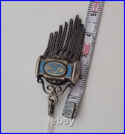 Breloque de Montre Gousset Argent Massif Émaillé Bleu Bijou Ancien Châtelaine H8