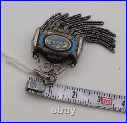 Breloque de Montre Gousset Argent Massif Émaillé Bleu Bijou Ancien Châtelaine H8