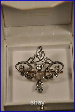 Broche Ancien Art Nouveau Or Argent Massif Diamants Antique Gold Silver Brooch