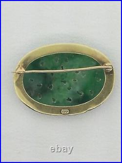 Broche Ancienne Vintage Années 1920 Lampe Walter Sculptée Perle De Jade 14 Carats Or
