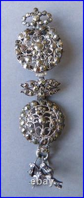 Broche Chatelaine clavet porte montre bijou ancien 19e siècle Argent marcassite