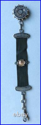 Broche Chatelaine porte montre bijou ancien 19e siècle Argent niellé silver