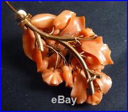Broche OR 18 k + corail orange bijou ancien 19e gold coral brooch corallo oro