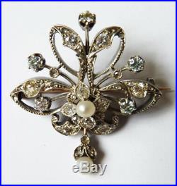 Broche OR massif + perle + diamants Bijou ancien gold diamond brooch 19e