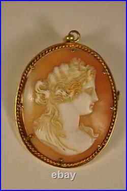 Broche Pendentif Or Massif Camee Ancien Antique Carved Shell Cameo Gold Brooch