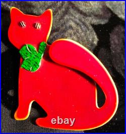 Broche/épingle vintage Noël rouge & vert Lea Stein Watching Cat signée