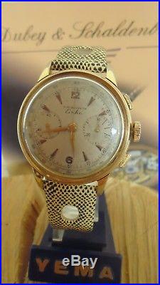 Chronographe suisse ancien mécanique ESKA pl OR LANDERON 48 bracelet CORFAM neuf