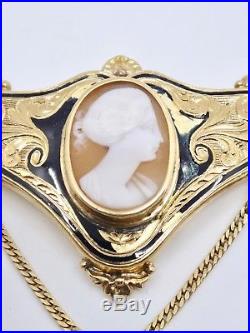 Collier ancien en or 18k émail noir pendentif camée et coeur XIXe Napoleon III
