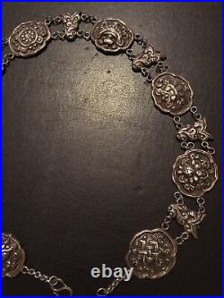 Collier antique vintage en argent sterling 8 symboles du bouddhisme