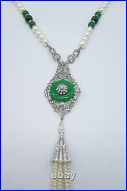 Collier bijoux haute couture, perle d'eau douce et jade avec pendentifs