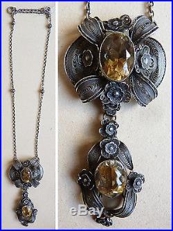 Collier pendentif en argent massif filigrane et citrine bijou ancien vers 1900