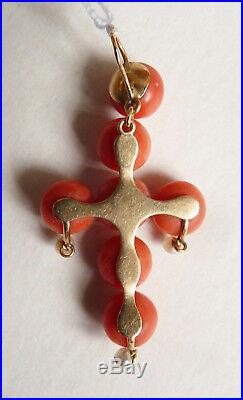 Croix pendentif OR massif 18k + corail bijou ancien coral gold cross