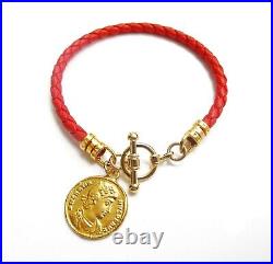 Cuir rouge 14 carats plaqué or romain grec césar bracelet style antique bascule neuf