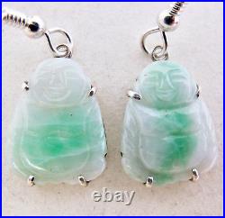 Ensemble boucles d'oreilles et pendentifs Bouddha de jade en argent chinois et vert sculpté en jade (5,5 g)