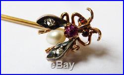 Épingle OR massif 18k + perle + diamant mouche abeille gold pin ancien diamond