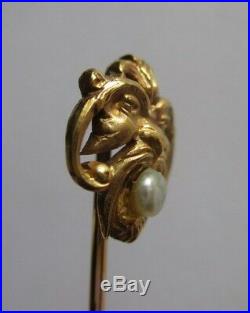 Epingle à cravate ancienne Mascaron perle Or rose 18 carats 3,3g Gold 750