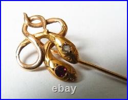 Épingle de cravate ou foulard OR 18k + rubis ancien serpent gold snake pin