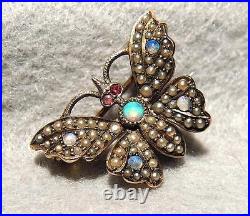 Épingle de montre papillon antique en or papillon avec perles opales rubis Sgnd. BBB