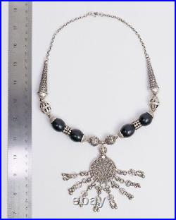 Exquis, antique Yéménite Ancien Argent et Corail Noir Perles Collier-FREE POST
