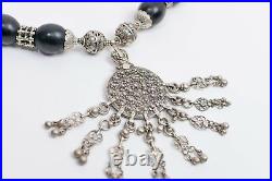 Exquis, antique Yéménite Ancien Argent et Corail Noir Perles Collier-FREE POST