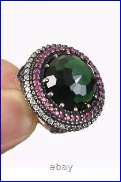 Gorgeous! Antique Vintage Sterling Silver Emerald, Ruby & Topaz Huge Ring