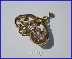 Grand pendentif broche ancien Art Nouveau cur noeud perle or 18 carats French