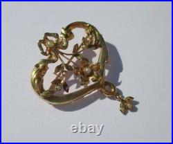 Grand pendentif broche ancien Art Nouveau cur noeud perle or 18 carats French