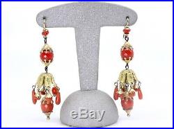 Importants pendants doreilles anciens en pomponne et perles de corail XIXeme