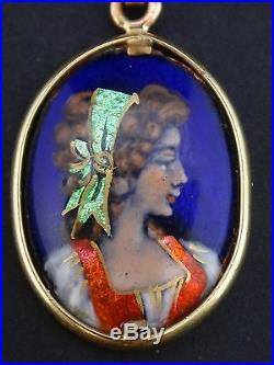Joli pendentif ancien en emaux de Limoges monture or 18 carats XIXe