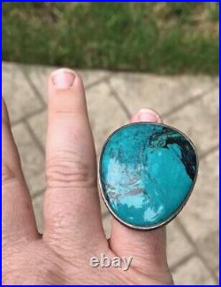 Large Sterling 925 Ring Bijoux pierre bleu turquoise VNT ouf ovale vieux SCA DEB