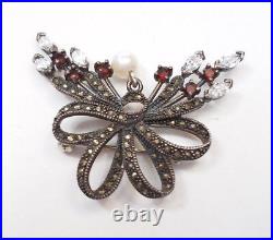 Marcassite GRENAT & CZ Véritable 925 Sterling Silver Bow brooch pin new old stock