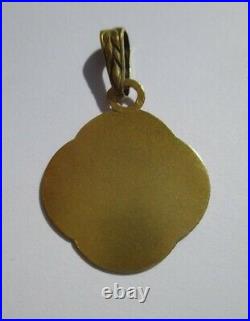 Médaille pendentif ancien trèfle porte bonheur Vierge or 18 carats French 750