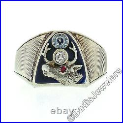 Men's Antique Art Deco 14k Or Blanc Diamant Ruby & bleu émail ELK MOOSE Ring