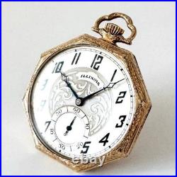 Montre de poche manuelle Illinois grade 405 17 bijoux octogonale doré ancienne