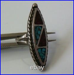 Old Pawn Native American Navajo Chip incrustation Turquoise Coral Sterling Silver Ring