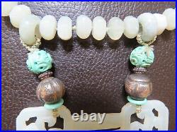 Pendentif ancien collier en jade naturel céladon turquoise et antiques perles argentées