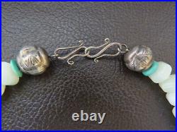 Pendentif ancien collier en jade naturel céladon turquoise et antiques perles argentées