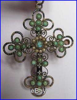 Pendentif croix ancienne en argent massif émaillé perles de nacre et turquoise