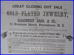 RARE GRANDE ANTIQUE 1868 dépliant, Or Bijoux vente, Providence, Rhode Island
