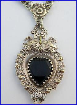 Rare ancien bijou regional en argent massif vermeil et onyx pendentif coeur