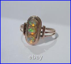 Rare bague ancienne XIXe trilogie opales or rose massif 18 carats French 750