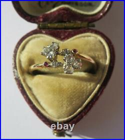 Rare bague ancienne française charme trèfles diamants rubis or massif 18 carats