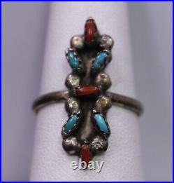 SIZE 7.75 Vintage Sterling Silver & Turquoise/Red Coral Tall Southwestern Ring