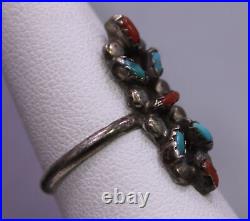 SIZE 7.75 Vintage Sterling Silver & Turquoise/Red Coral Tall Southwestern Ring