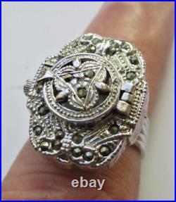 Superbe Ancienne bague réglable montre couleur argent marcassite bijou vintage 1