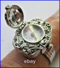 Superbe Ancienne bague réglable montre couleur argent marcassite bijou vintage 1